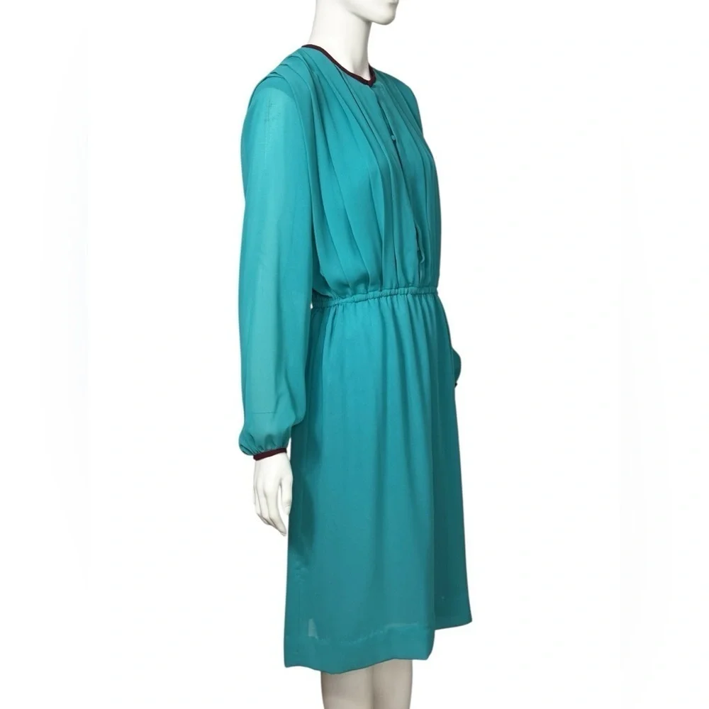 Victor Costa 70’s Turquoise Long Sleeve Pleated Dress Size 12. K-34